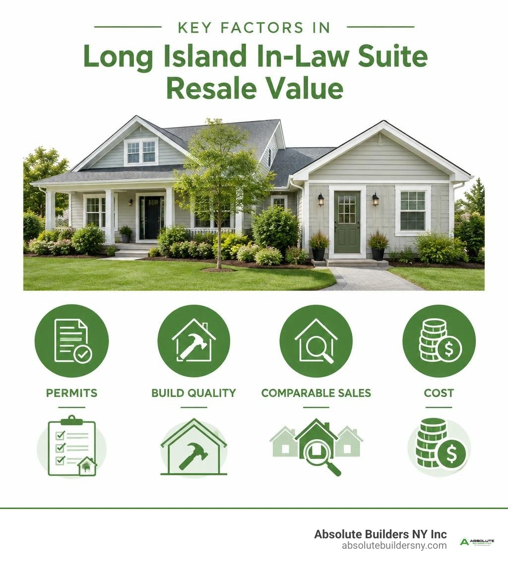 Key factors in Long Island in-law suite resale value: permits, build quality, comparable sales, and cost infographic