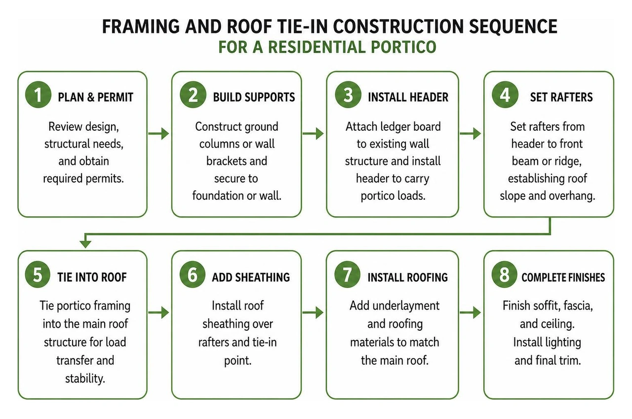 Framing and roof tie-in construction sequence for a residential portico Framing and roof tie-in construction sequence for a residential portico