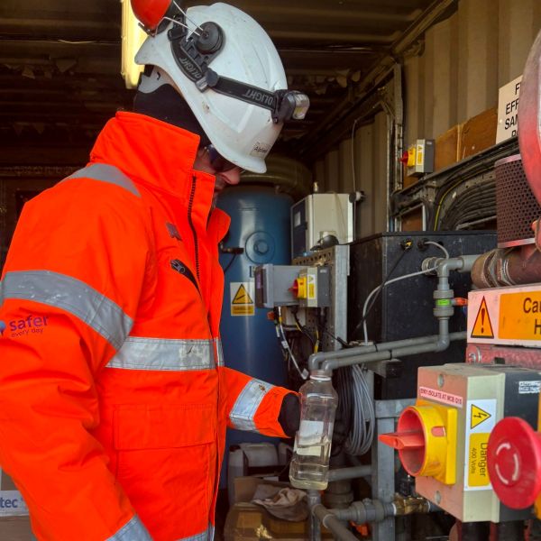 Plant operator undertaking maintenance tasks at Gayton leachate treatment plant