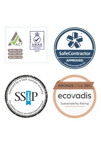 Accreditation logos for ISO, EcoVadis, SafeContractor and SSIP