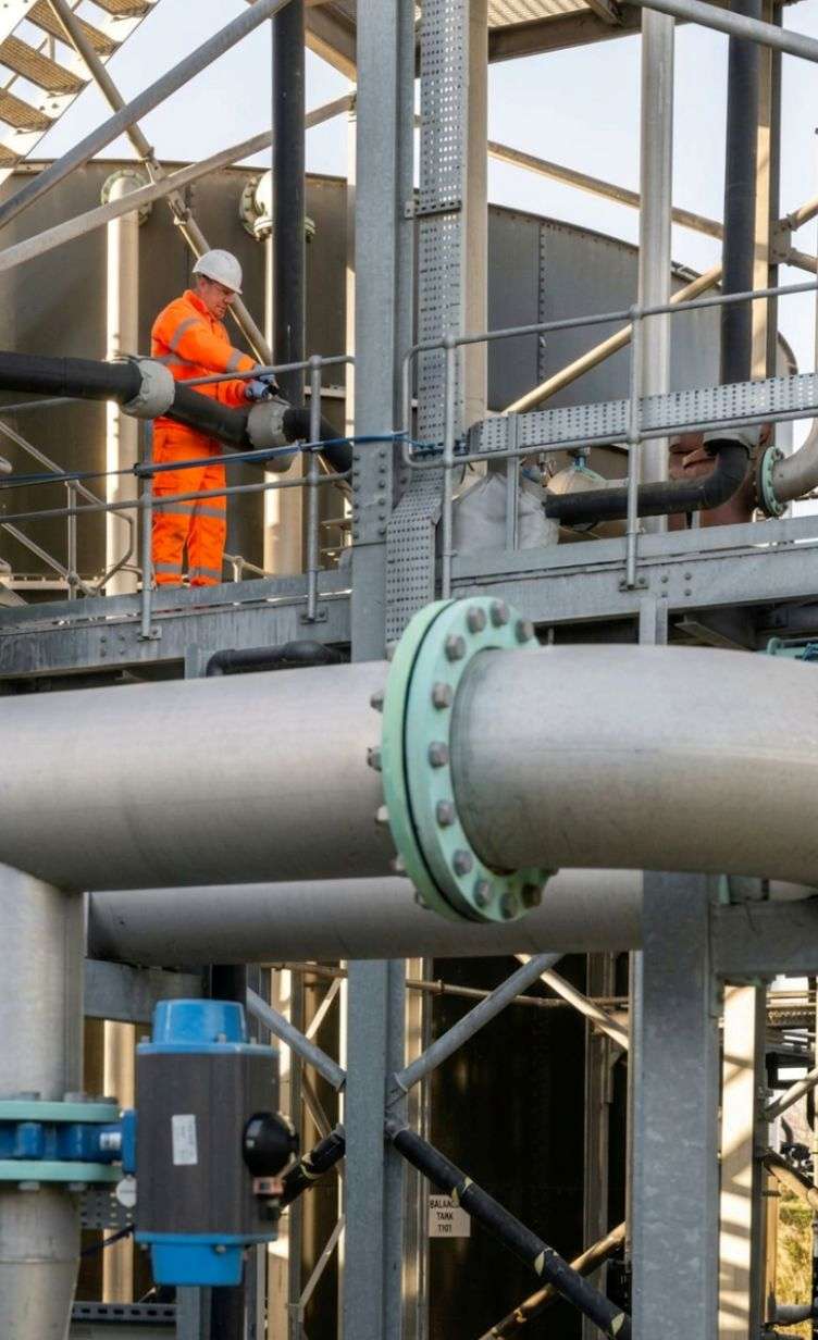Two operators collaborating at a wastewater treatment plant