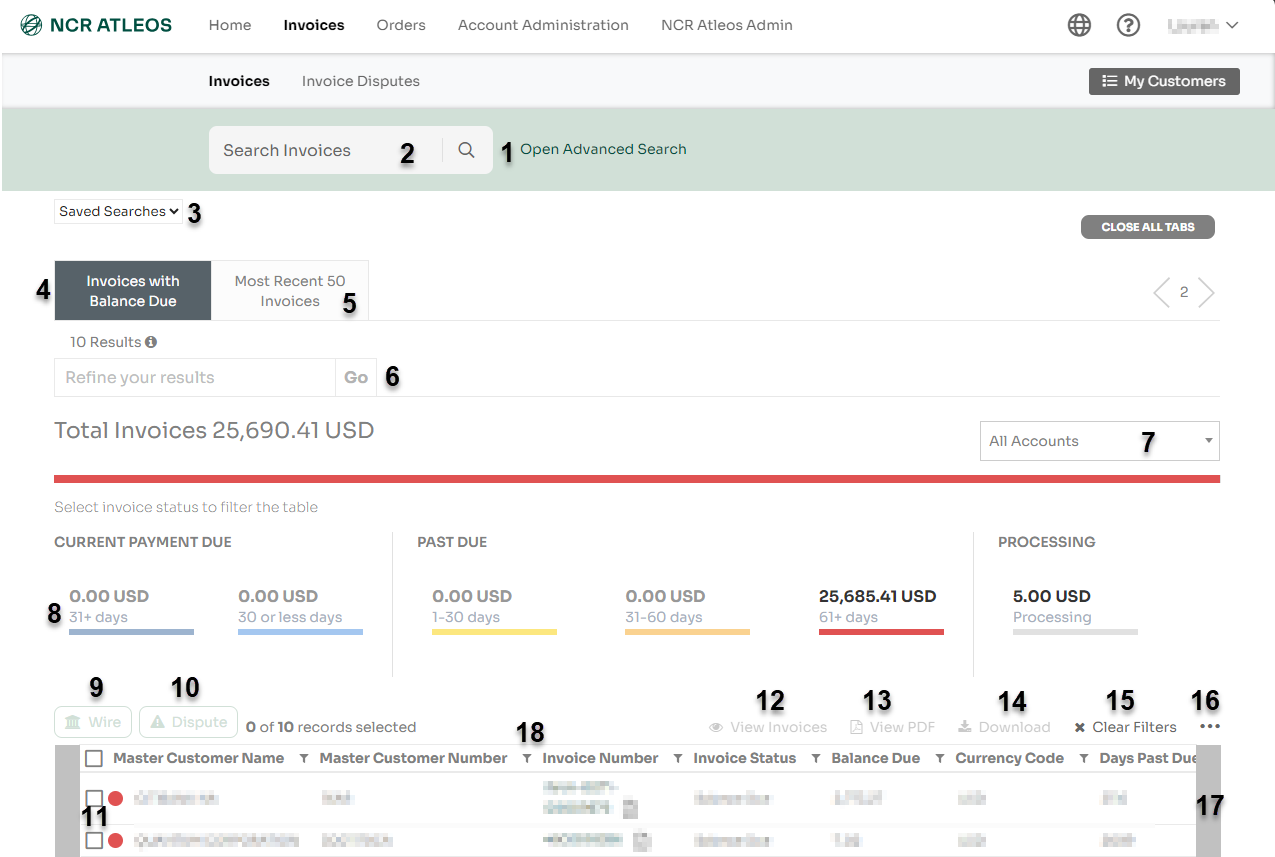 Invoices page UI numbered