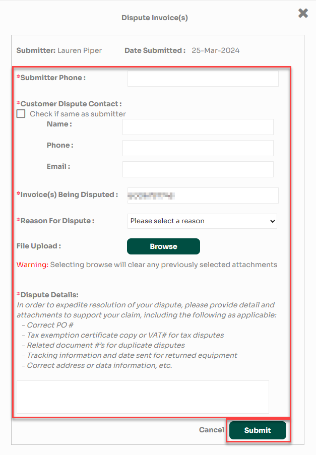 Invoice dispute form example