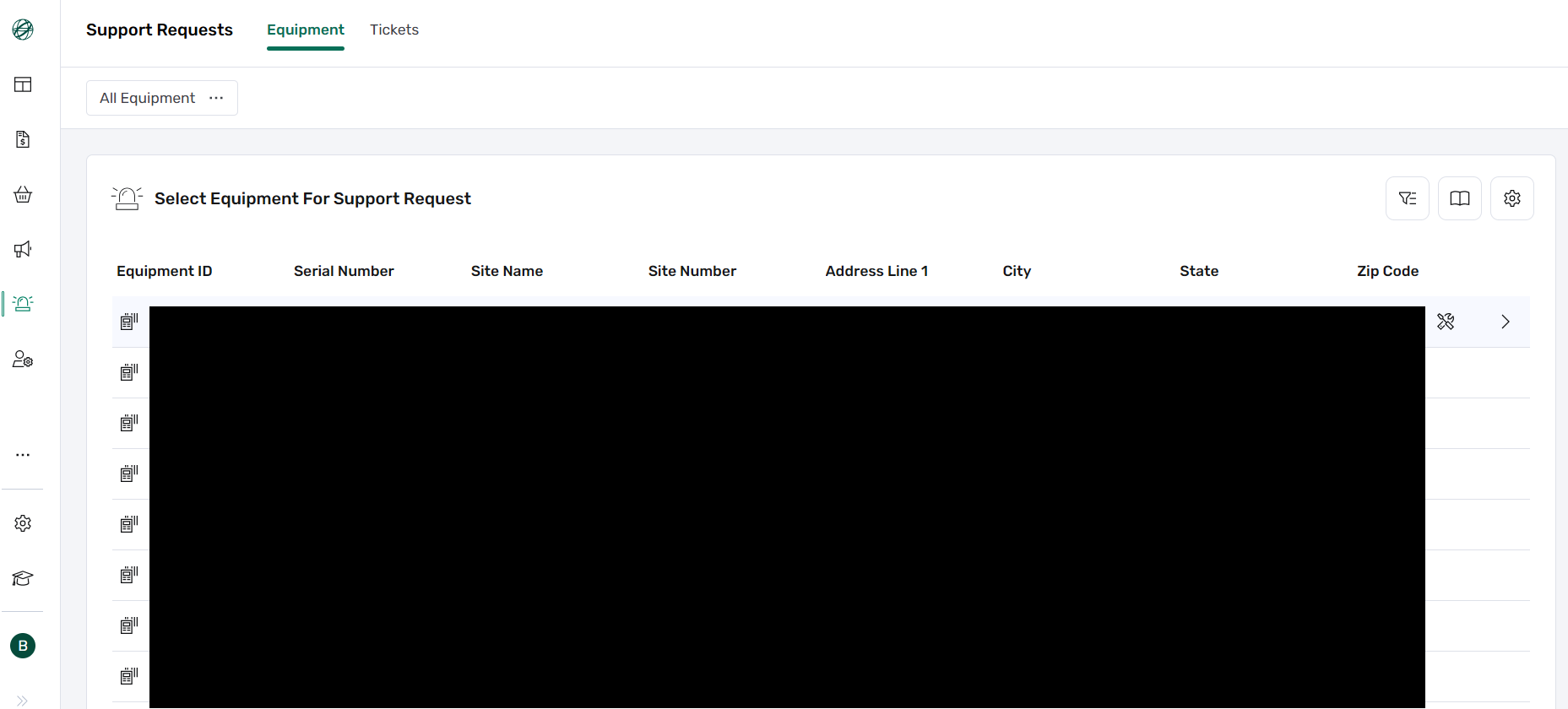 Support Request Equipment Selection screenshot