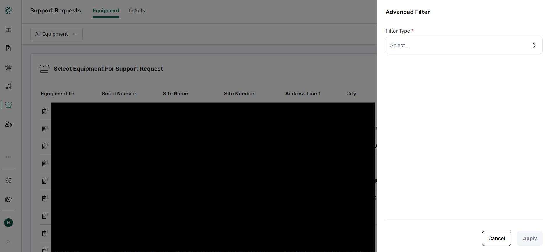 Support Request Advanced Filter screenshot