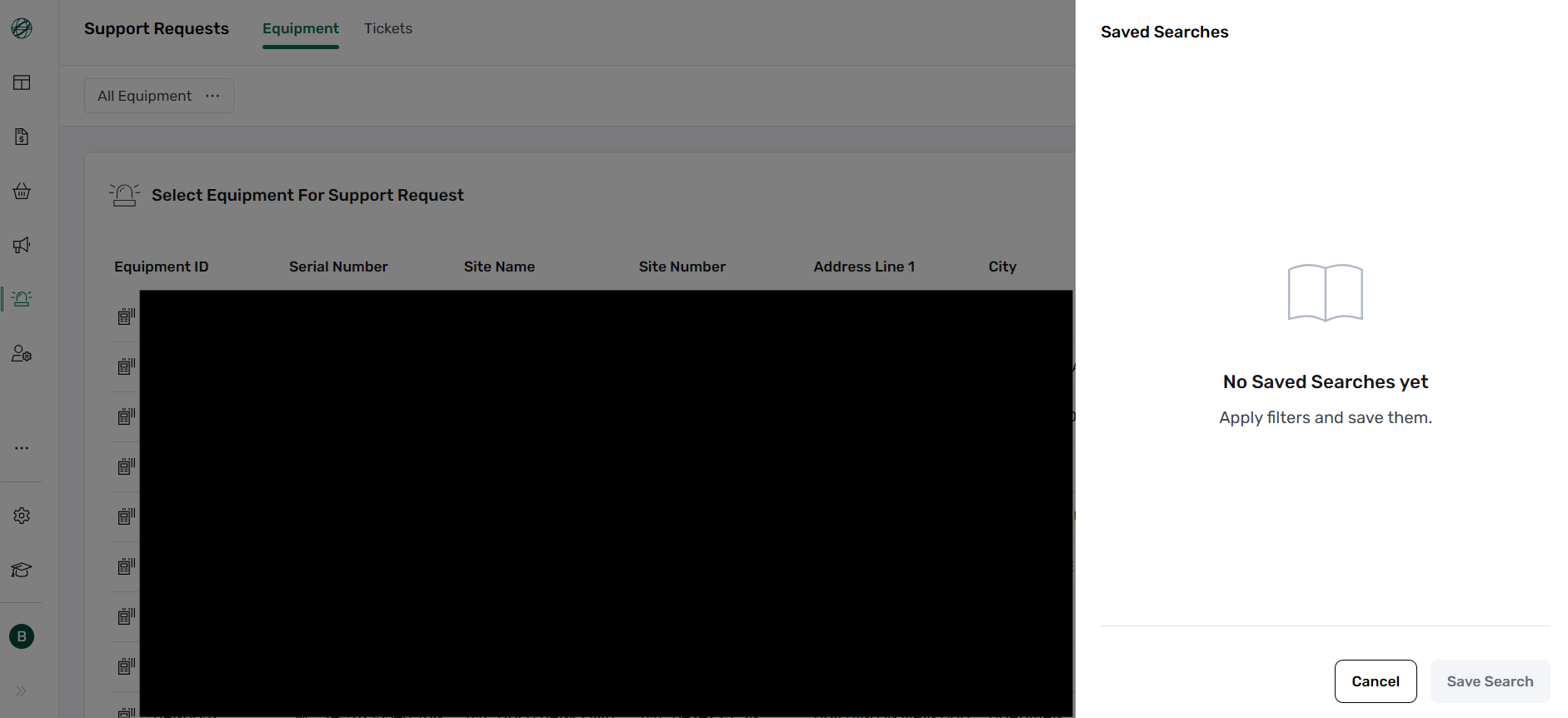 Support Request Saved Searches screenshot