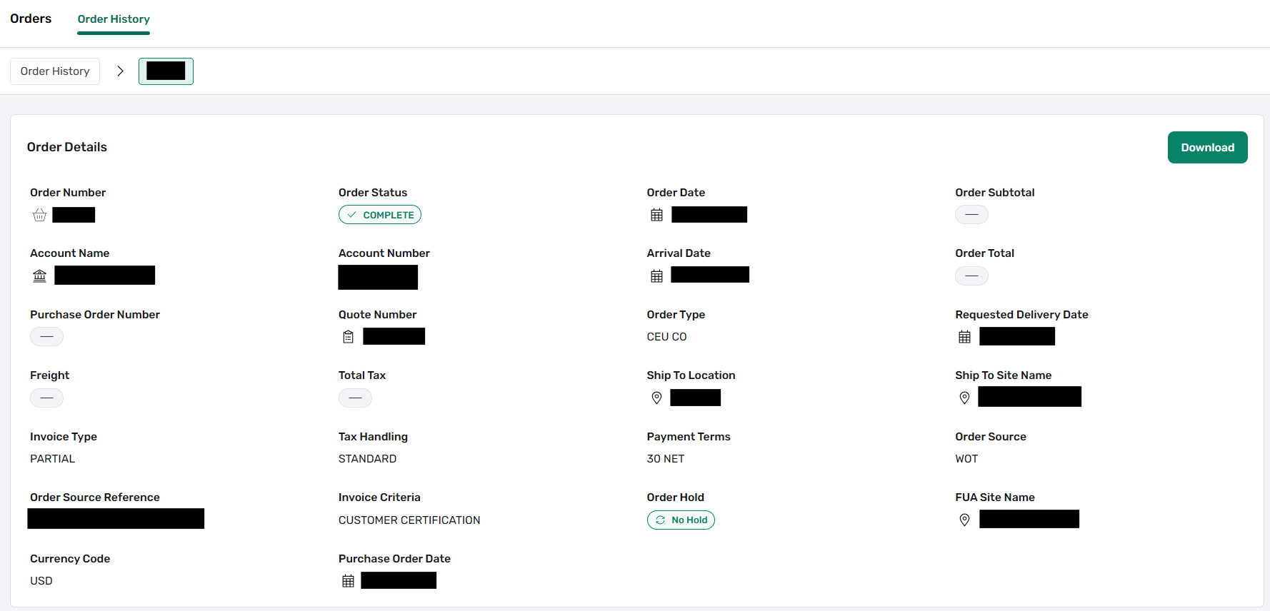 Order Details Section