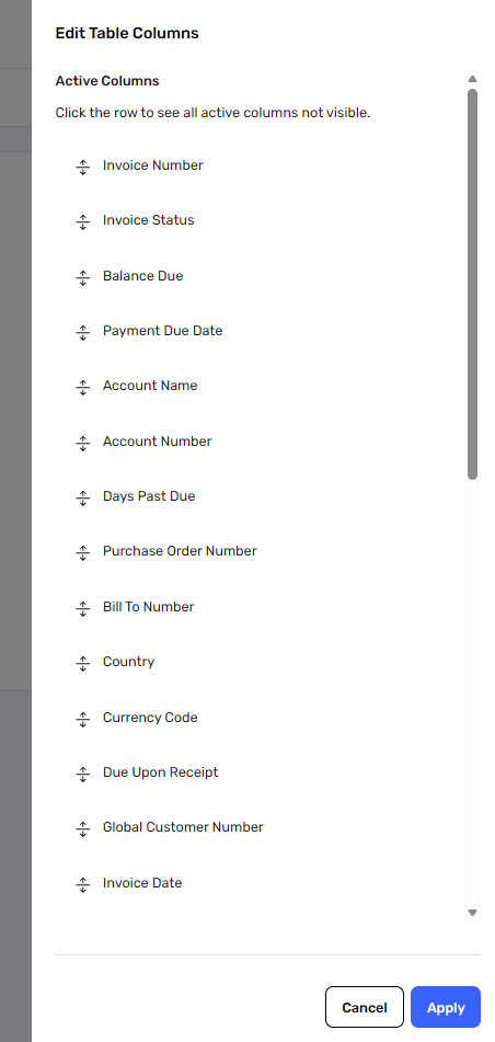 Edit Table Columns View
