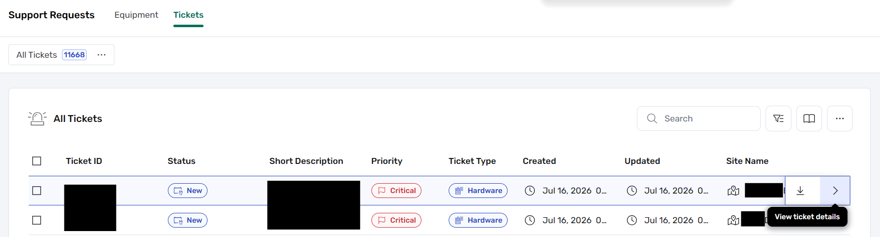 Hover over a ticket and click the arrow to view ticket details
