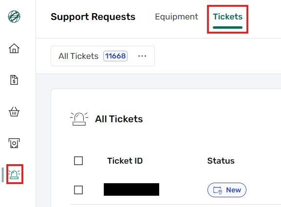 Support Request Tickets Tab screenshot