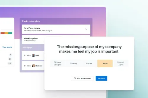 Employee engagement survey screen showing a statement about company mission importance with options from Strongly Disagree to Strongly Agree, and buttons for adding a comment and submitting.