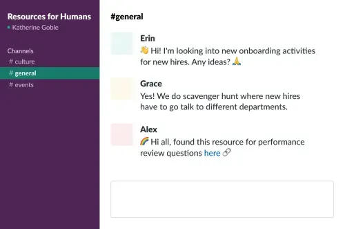 Slack chat in the #general channel of Resources for Humans workspace, with messages about onboarding activities and performance review resources.