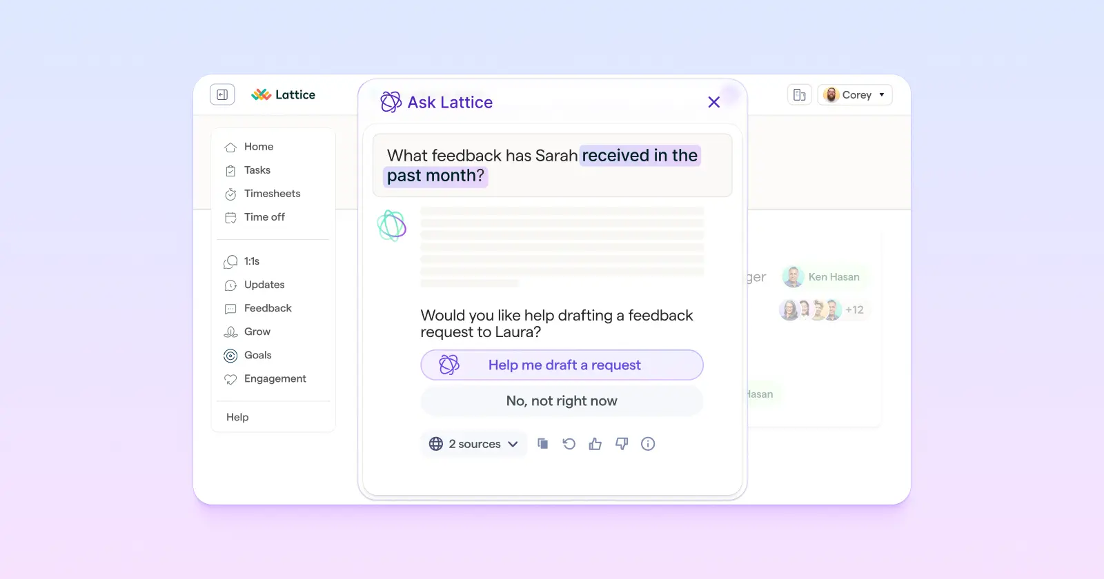 Lattice AI Agent platform UI showing personalized AI coaching recommendations for employees.