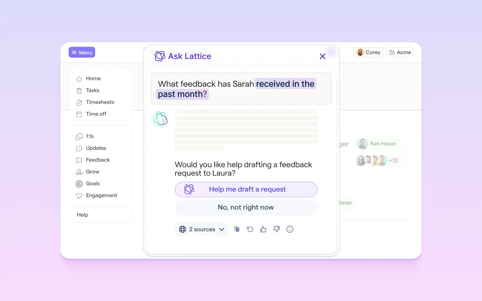 Lattice AI Agent platform UI showing personalized AI coaching recommendations for employees.