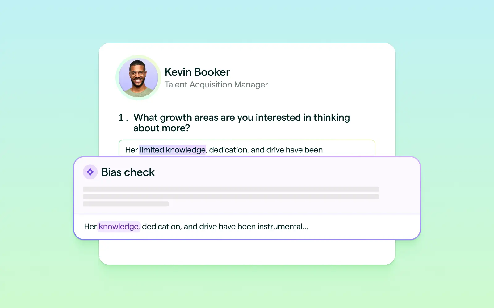 Lattice AI Agent platform UI showing AI writing assistance for performance reviews and feedback.