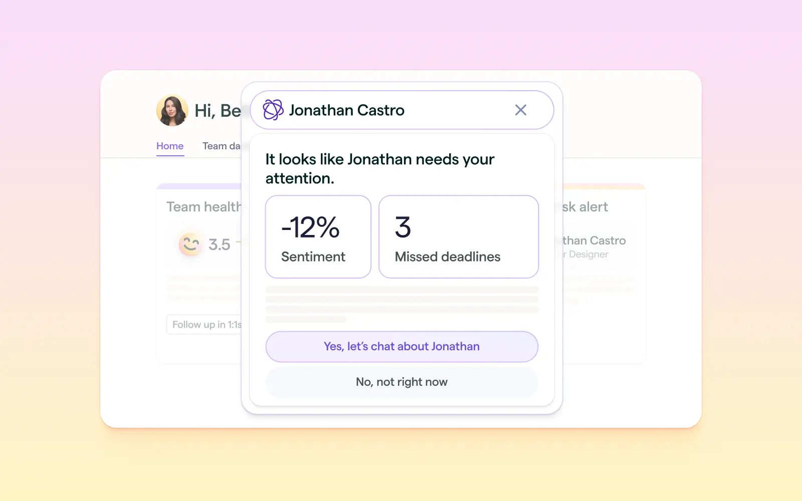 Lattice AI Agent platform UI showing performance and engagement insights dashboard.