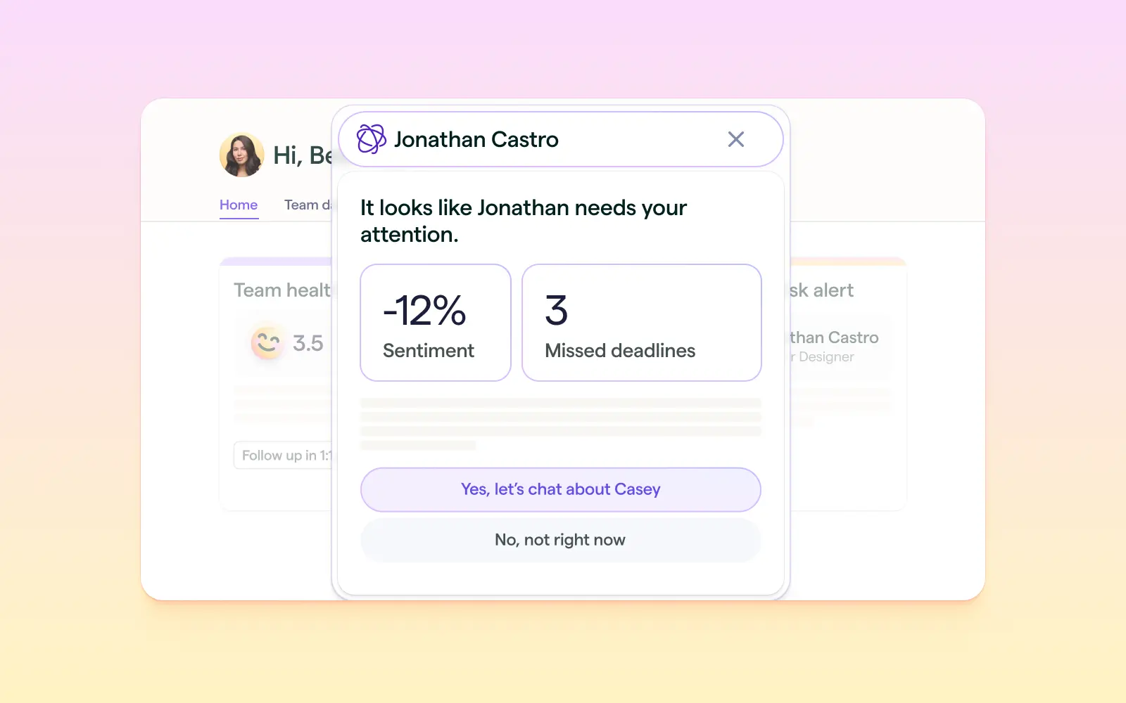 Lattice AI Agent platform UI showing performance and engagement insights dashboard.