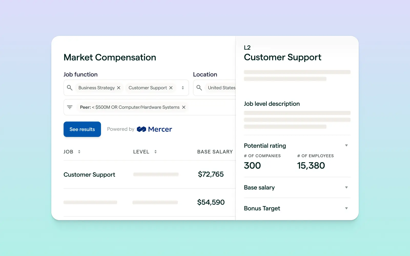 Lattice Compensation platform UI showing salary benchmarking data and market comparisons.