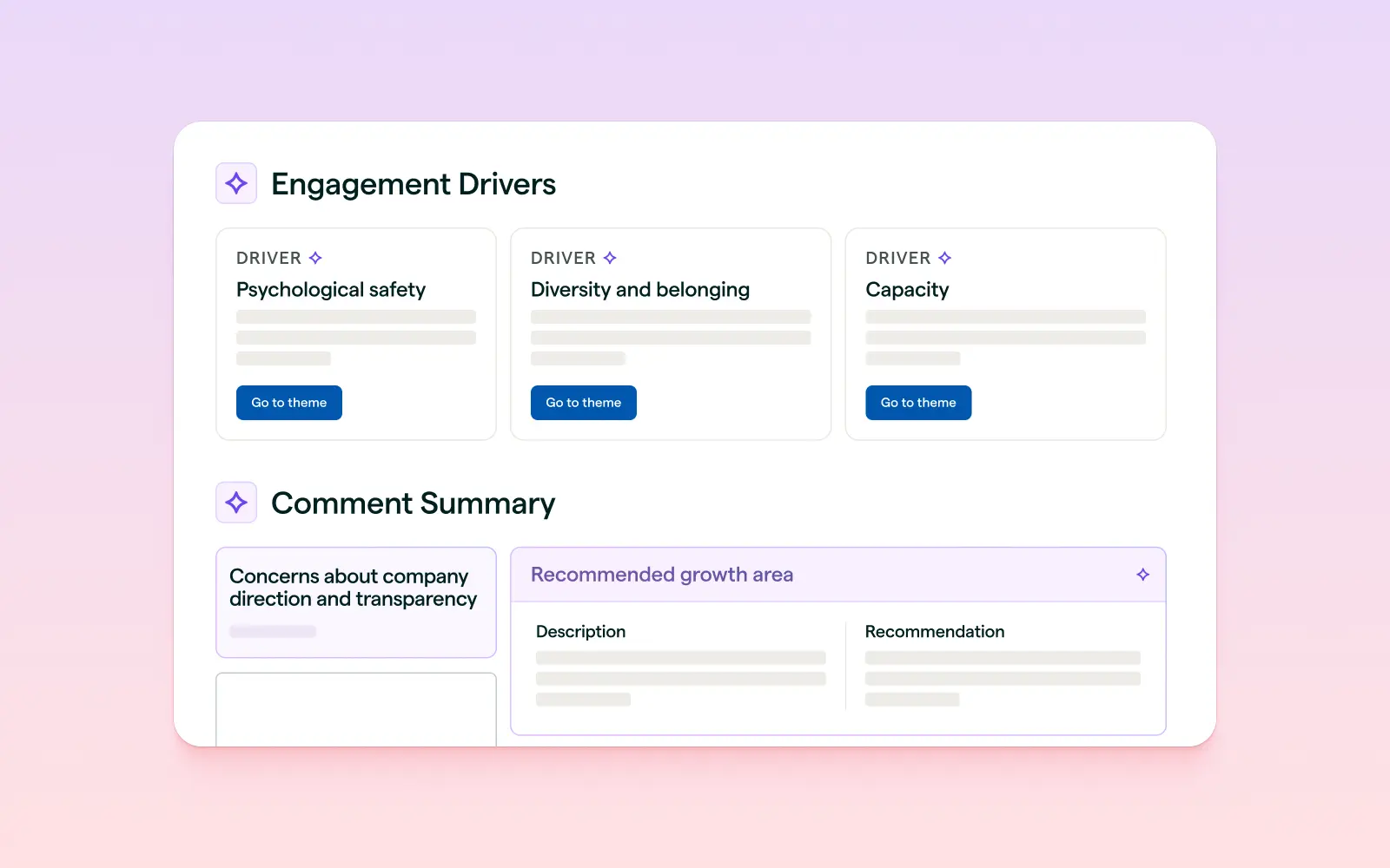 Lattice Engagement platform UI showing AI-powered survey response analysis and insights.