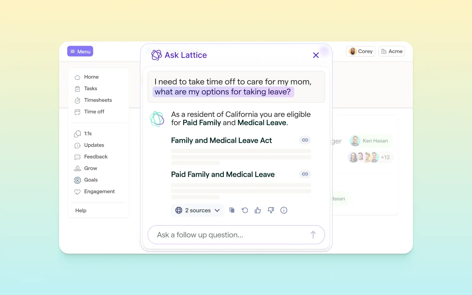 Lattice AI Agent platform UI showing the HR help desk feature for answering employee questions.