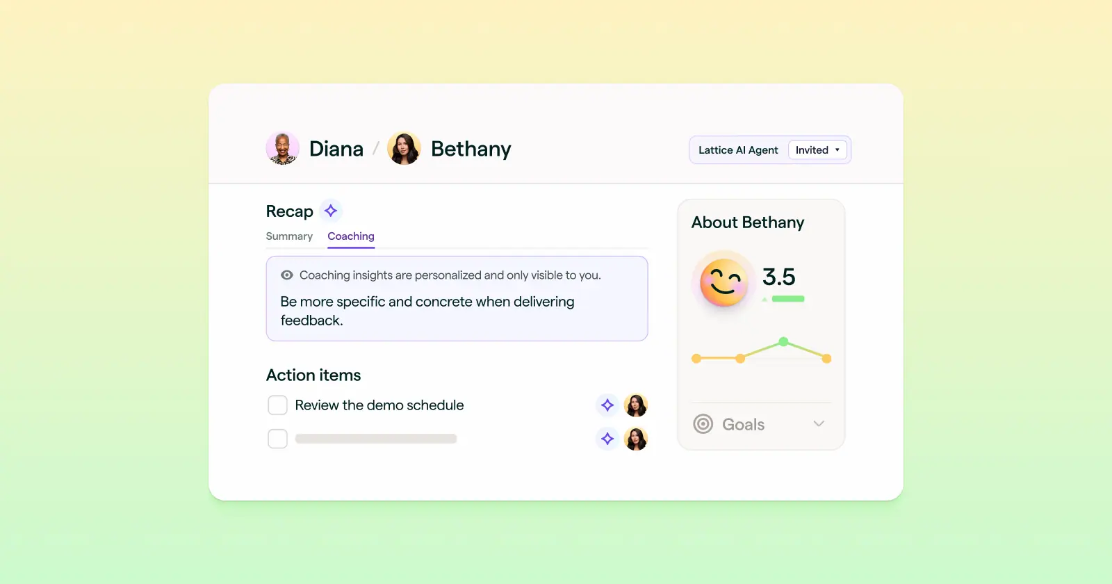 Lattice AI Agent platform UI showing the meeting agent for automated 1:1 meeting preparation.
