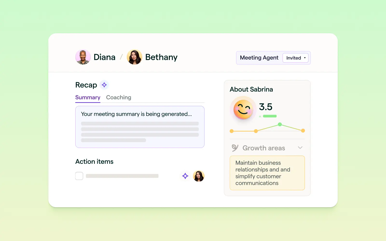 Lattice AI Agent platform UI showing the meeting agent for automated 1:1 meeting preparation.