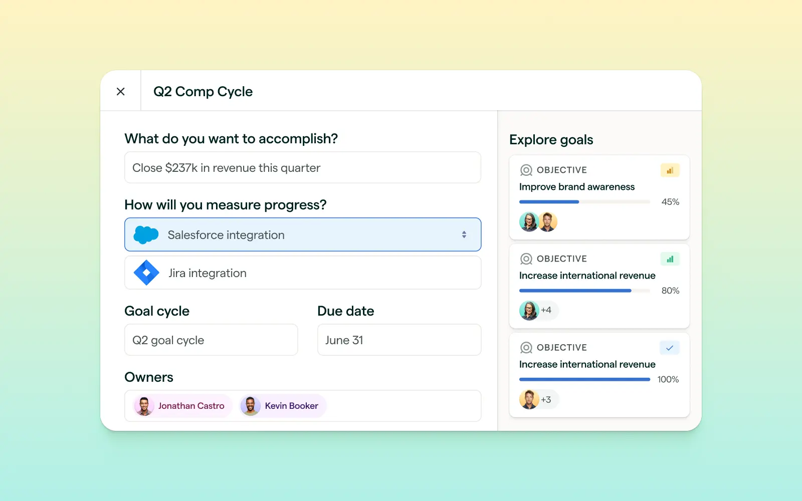 Lattice Goals platform UI showing OKR integrations with third-party tools.