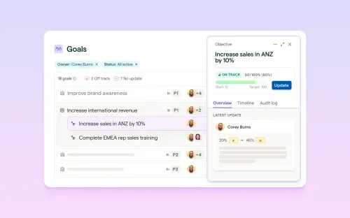 Lattice Goals platform UI showing goals and key results tracking interface.