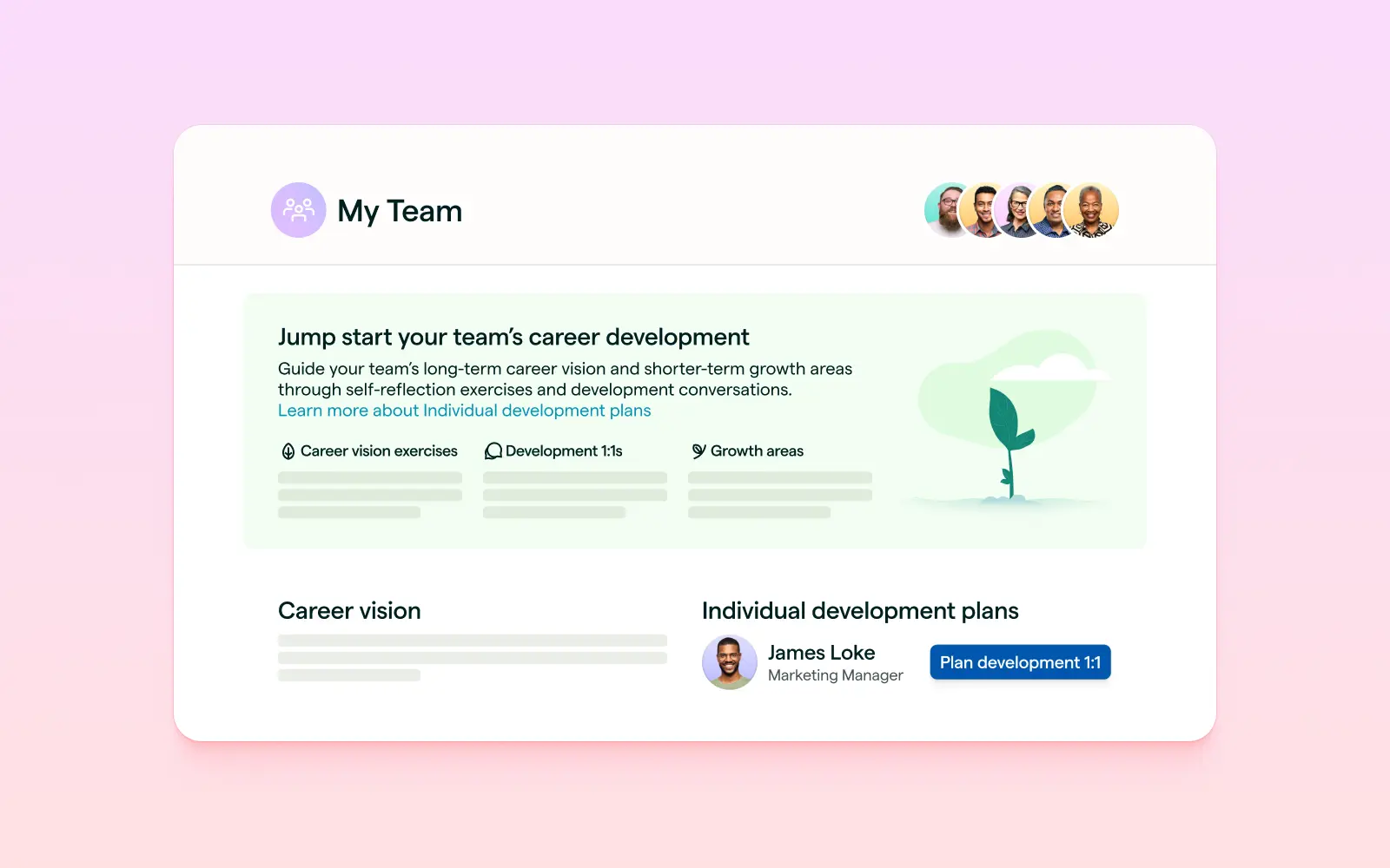 Lattice Grow platform UI showing manager efficiency insights and team development overview.