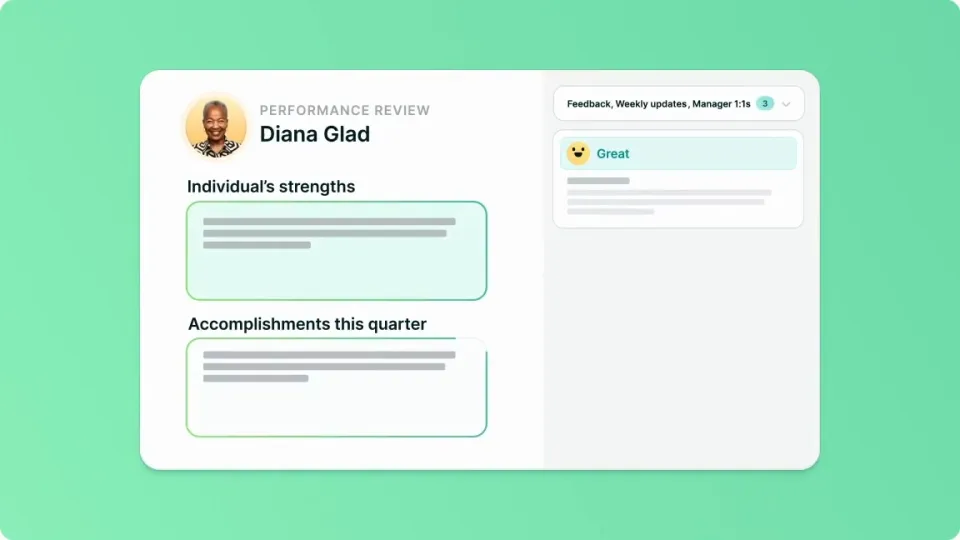 Lattice Performance review form with strengths and quarterly accomplishments beside linked feedback
