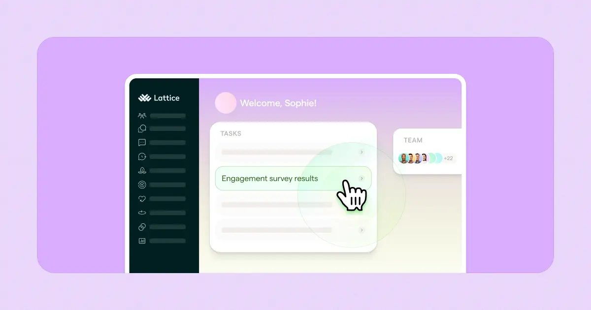 Lattice home dashboard with a task list, team avatars, and a cursor on engagement survey results
