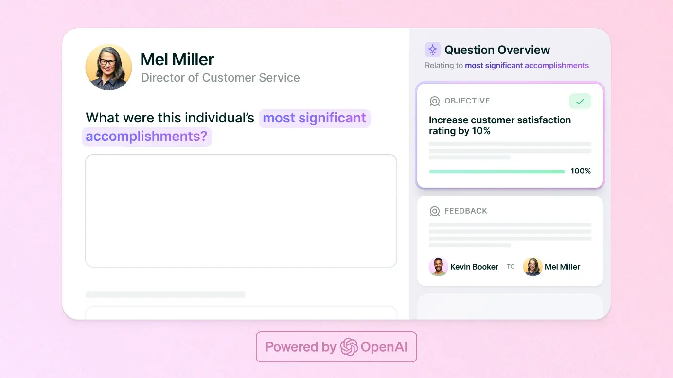Lattice performance review question with AI overview of related objectives and feedback, powered by OpenAI