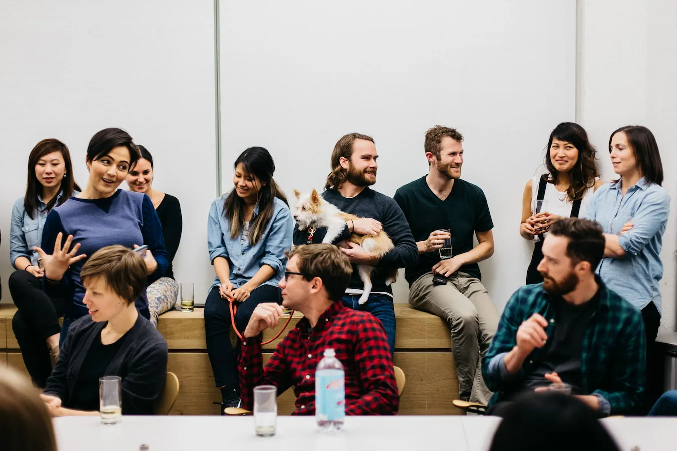 Group of coworkers chatting around a conference table, one holding a small dog