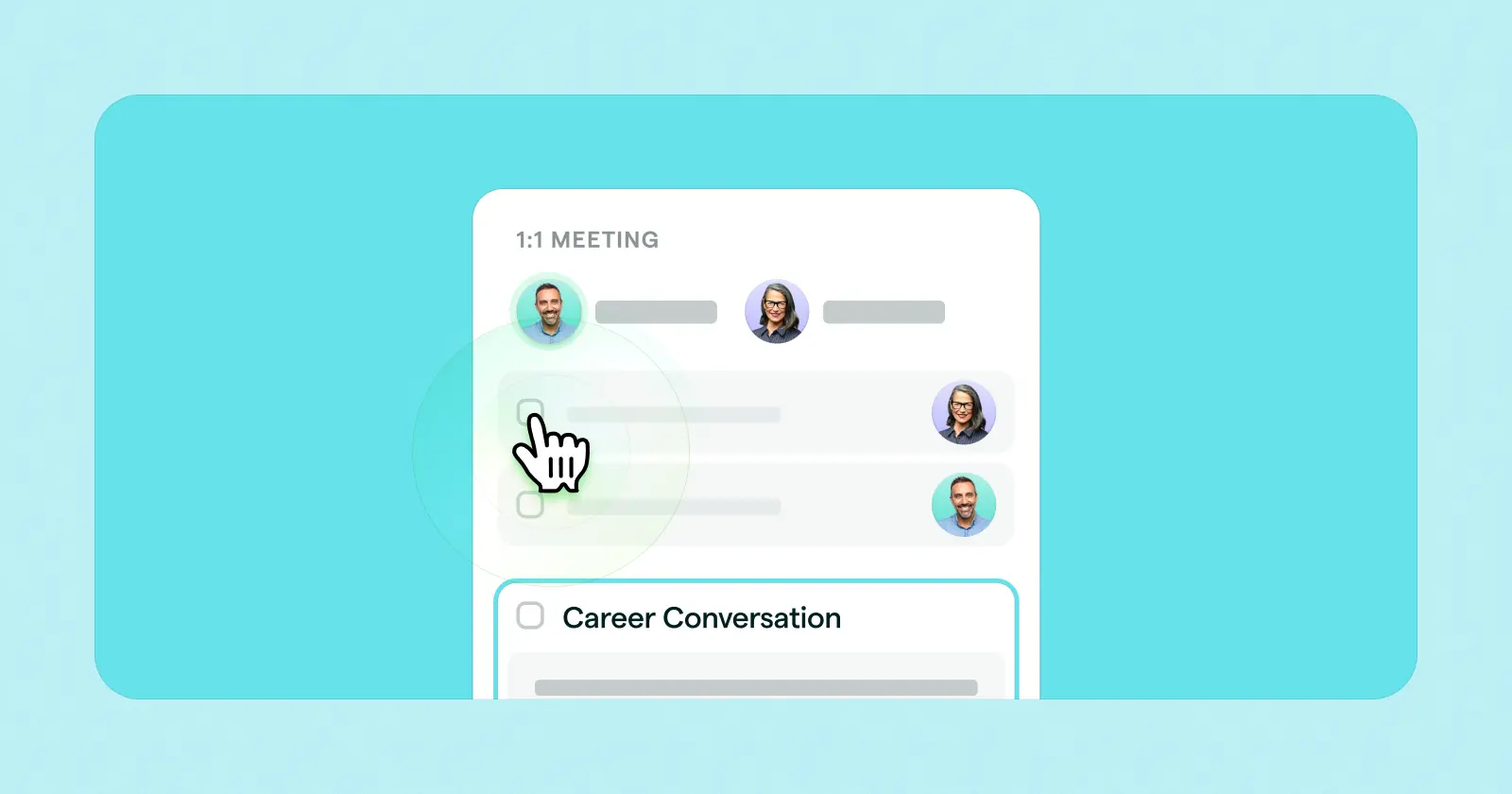 Lattice 1:1 meeting agenda with two attendees, checklist items, and a Career Conversation topic