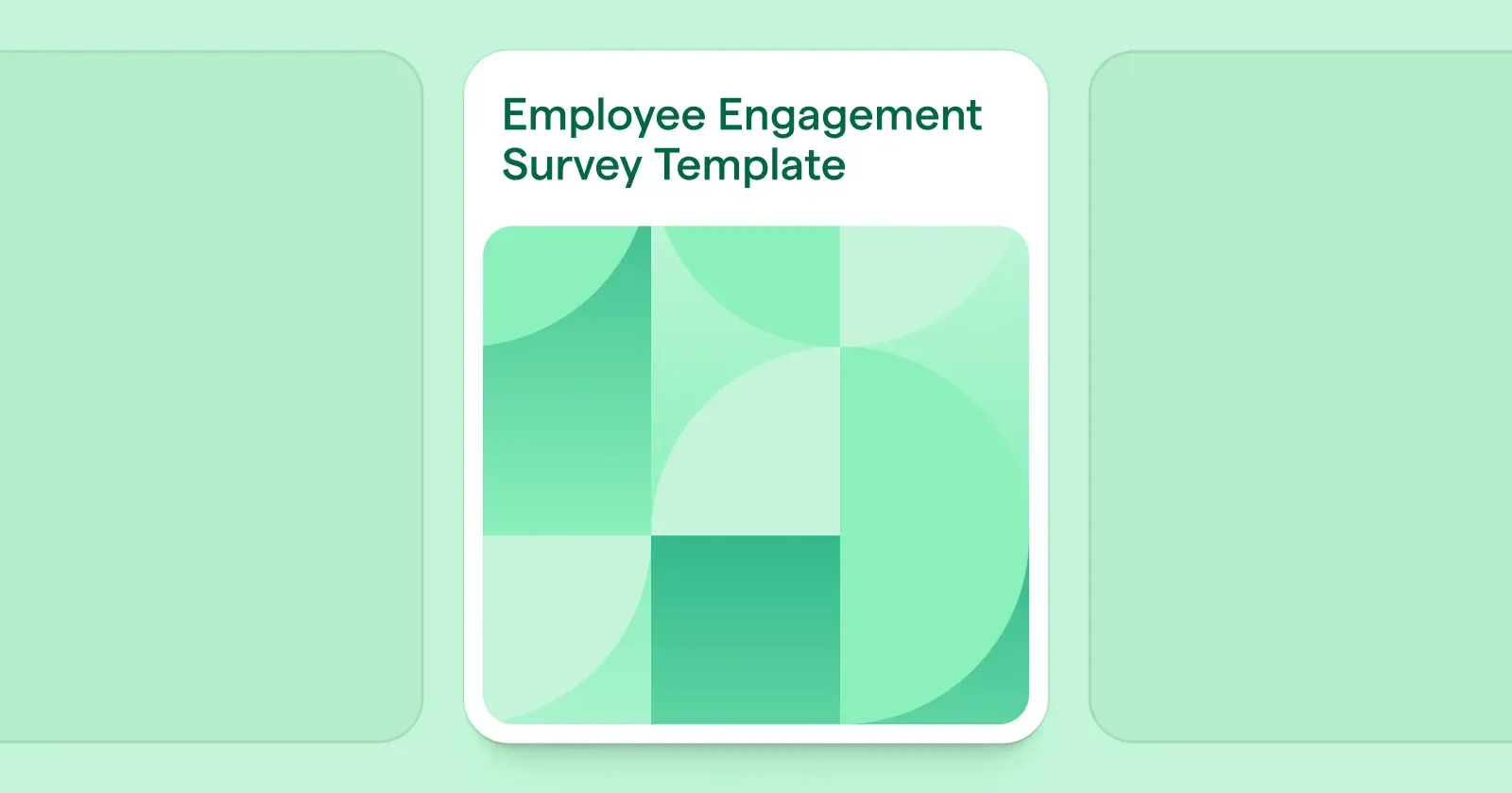 Card with text 'Employee Engagement Survey Template' above green geometric shapes.