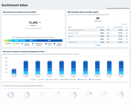 Dashboard showing customer enrichment stats, attribute completion rates, enrichment over time, and provider comparisons.