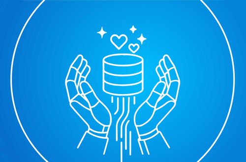 Two robotic hands holding a glowing data cylinder with hearts and sparkles above it.