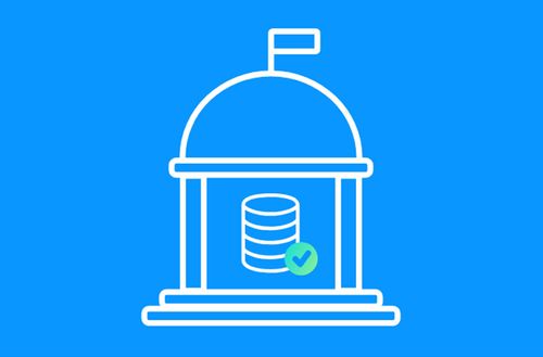 Outline of a government building with stacked database disks and a checkmark on a blue background.