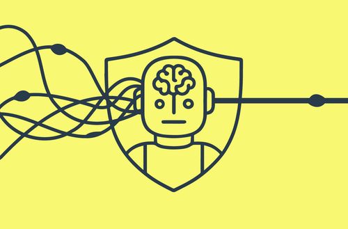 Robot with a brain inside a shield with connected lines representing data flow and protection.