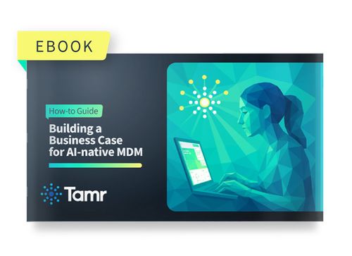 Ebook cover titled How-to Guide Building a Business Case for AI-native MDM with abstract woman using laptop.