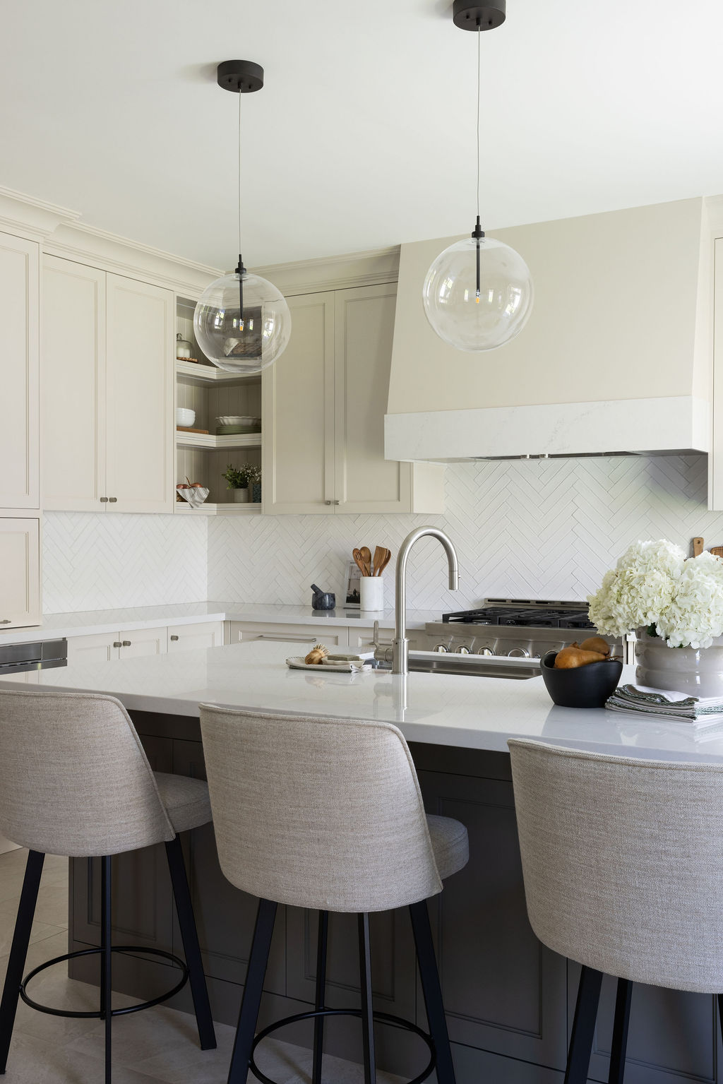 unique open shelving, custom range hood