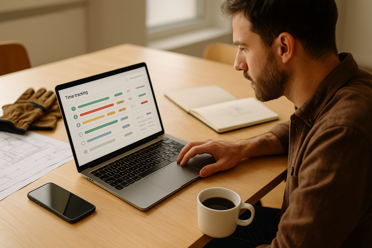 Small-business project manager reviews a laptop time-tracking dashboard with color-coded projects, task timers and invoice details at a shared desk with plans, gloves, phone and coffee.