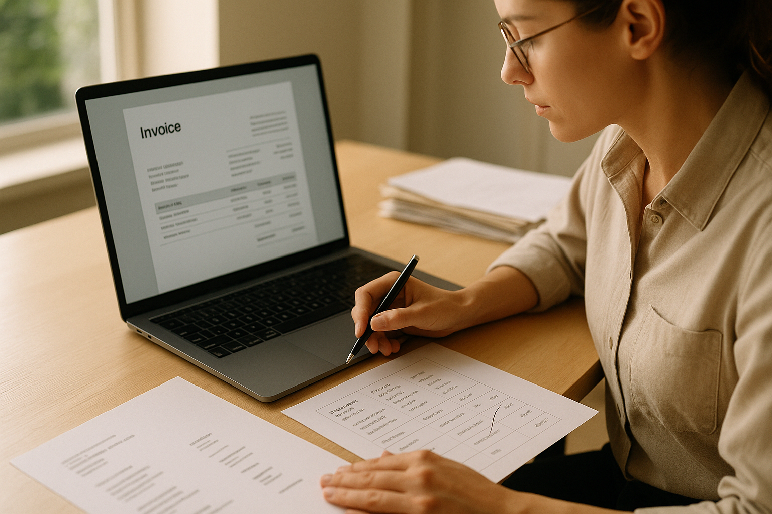 Freelancer reviewing an invoice and client details sheet at a sunlit desk, checking billing information, dates and line items with a pen beside a laptop.