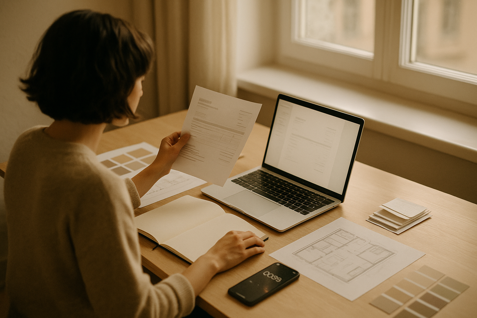 Creative professional reviewing an invoice on a laptop at an organized design studio desk with sketchbook, color swatches, plans, timer and receipts in soft morning light.