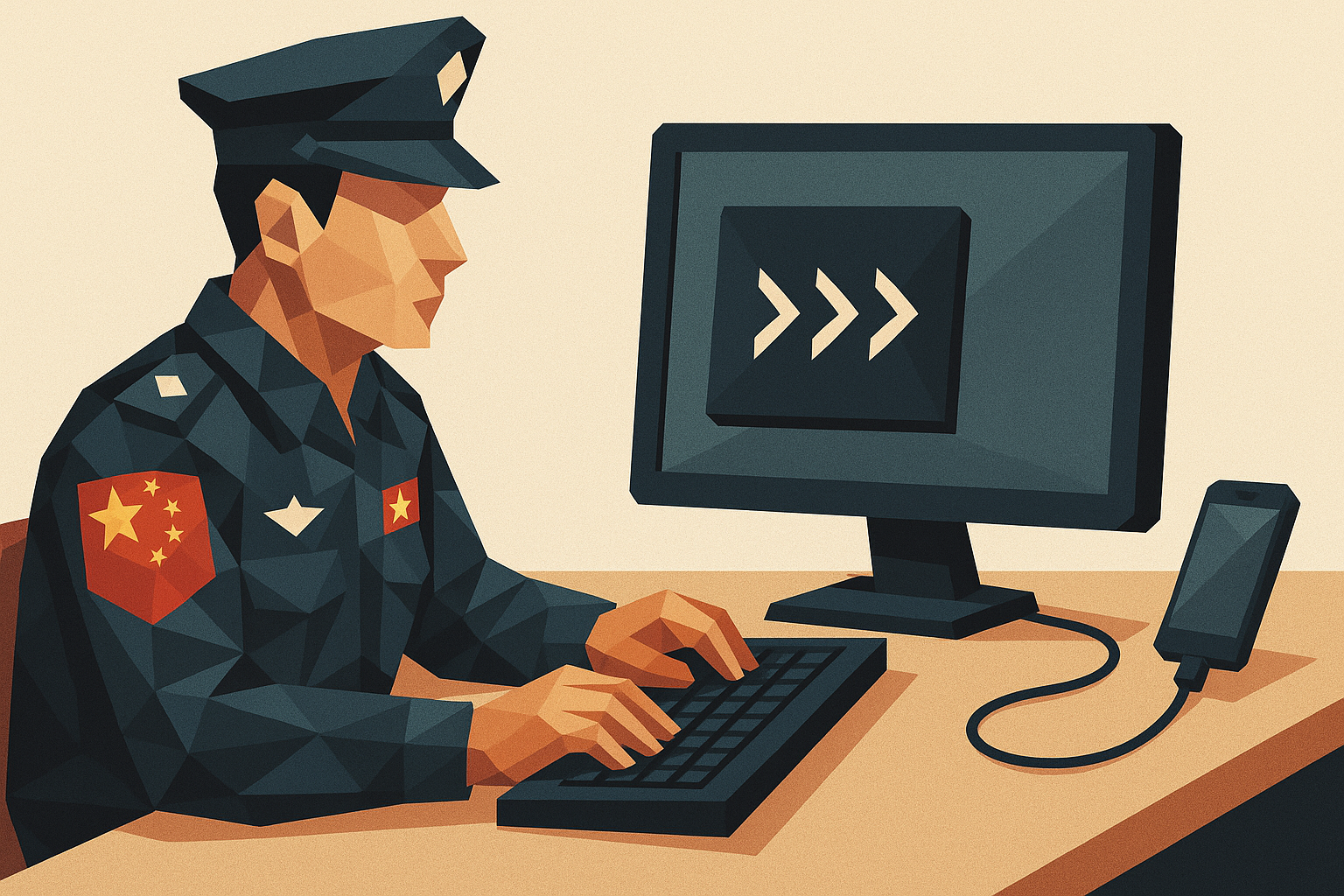 A Chinese law enforcement agent looks like he is stealing data off of a mobile device