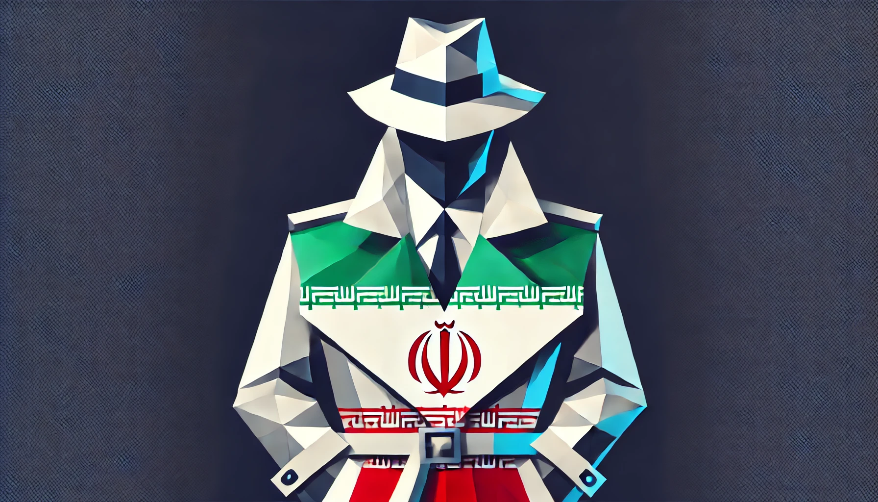A spy dressed in a trench coat printed with the Iranian flag