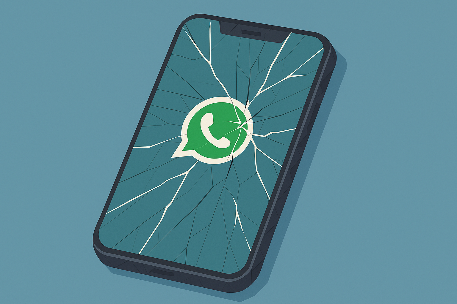 Image of an iPhone with the WhatsApp logo and a cracked screen 