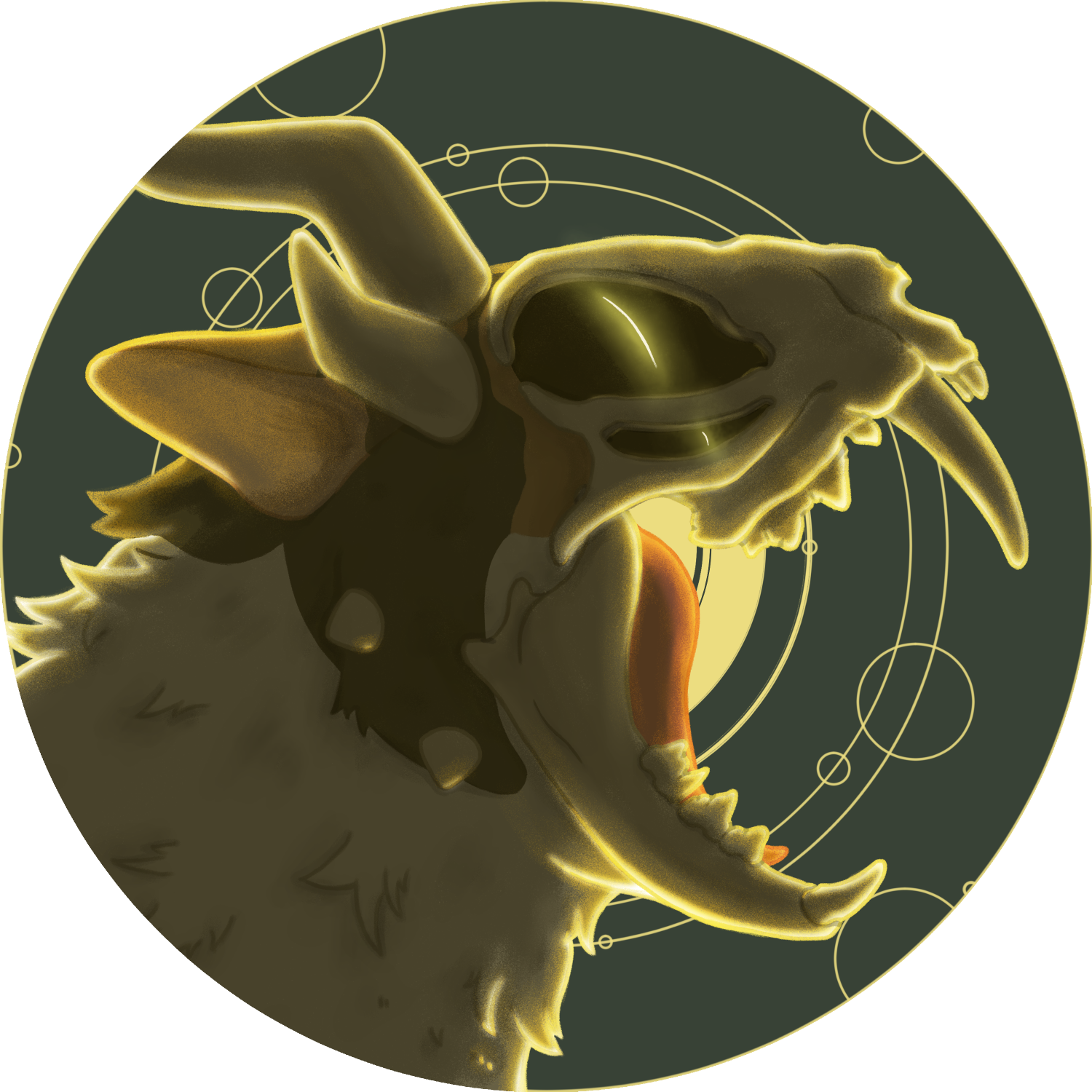 A horned calico cat with an exposed skull as her face roars against a green background with golden rings.