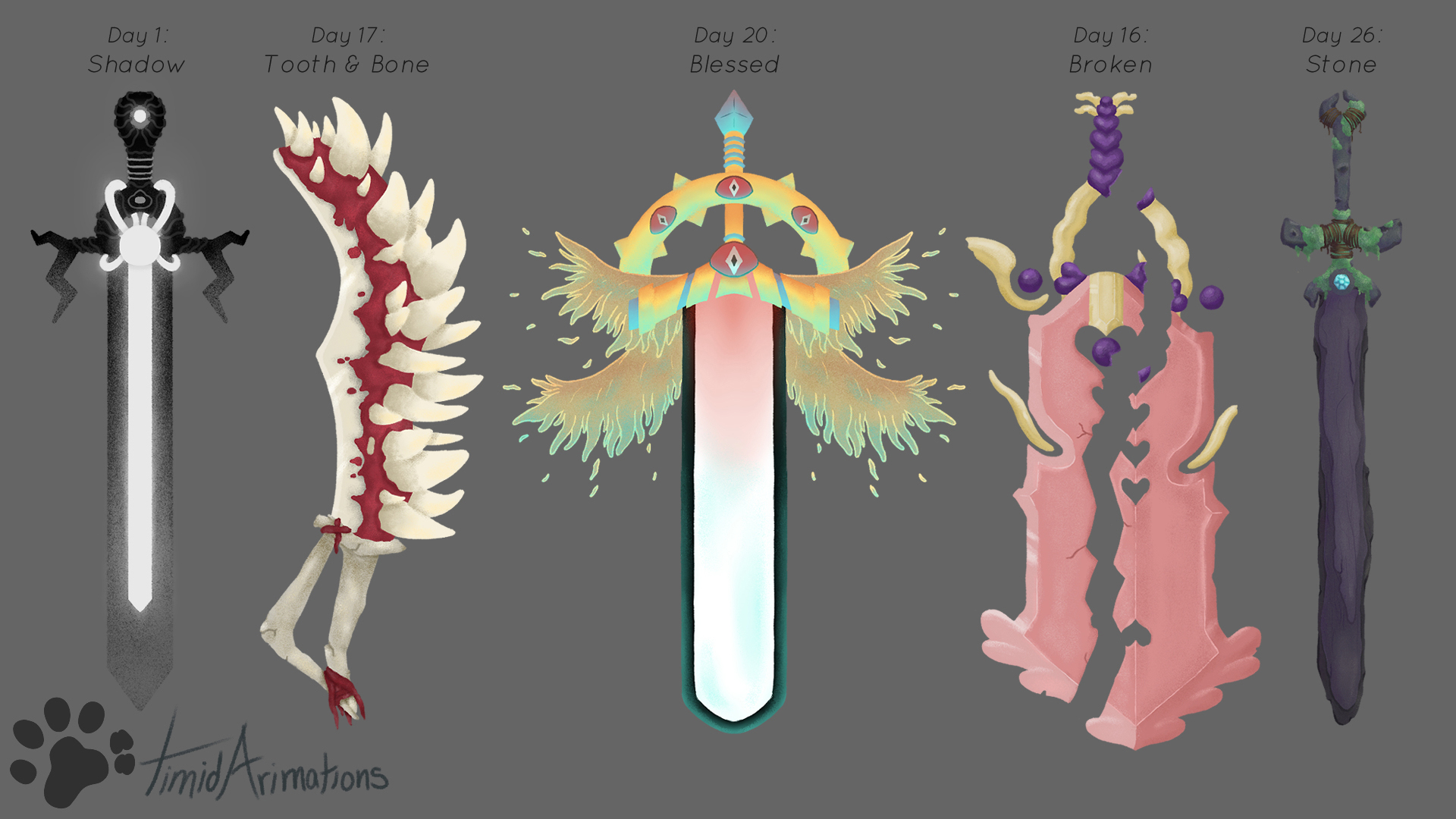 A line-up of five sword designs.
