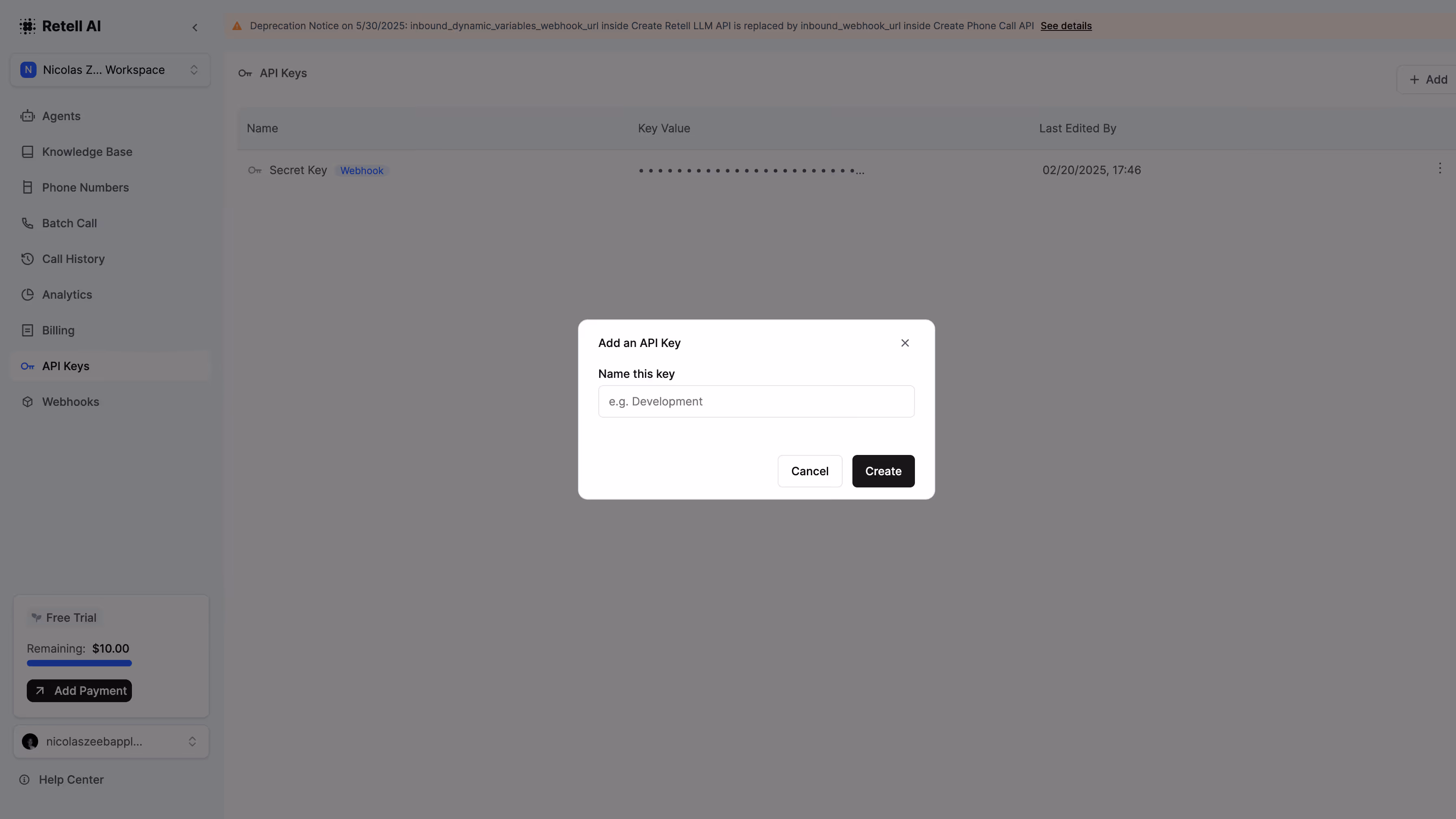 Retell AI API Key Generation Window